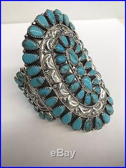 Native American Navajo Hand Made Sterling Silver Turquoise Cluster Cuff Bracelet