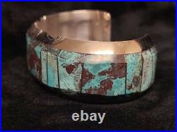 Native American Navajo Handmade Turquoise Inlay Bracelet Cuff Sterling Silver