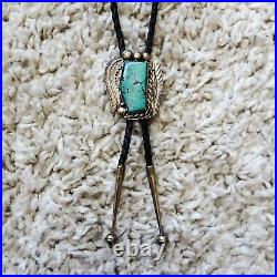 Native American Navajo Jewelry Sterling Silver Turquoise Bolo Tie Stamped Ron G
