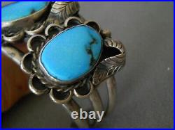 Native American Navajo Morenci Turquoise Sterling Silver Raised Leaves Bracelet