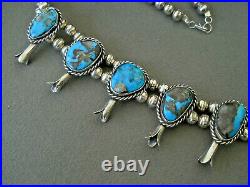 Native American Navajo Morenci Turquoise Sterling Silver Squash Blossom Necklace
