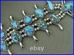 Native American Navajo Morenci Turquoise Sterling Silver Squash Blossom Necklace