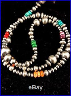 Native American Navajo Pearls Sterling Silver Bead Necklace 36 Long