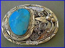 Native American Navajo Rich Blue Turquoise Sterling Silver Elaborate Belt Buckle