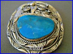 Native American Navajo Rich Blue Turquoise Sterling Silver Elaborate Belt Buckle
