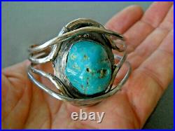 Native American Navajo Round Teal Turquoise Nugget Sterling Silver Cuff Bracelet