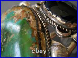 Native American Navajo Royston Turquoise & Jet 3-Stone Sterling Silver Bracelet