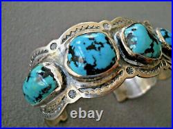 Native American Navajo Sky Blue Turquoise Row Sterling Silver Cuff Bracelet