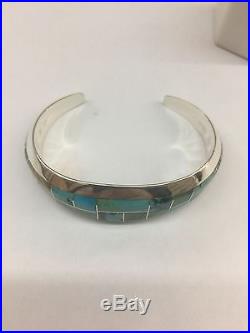 Native American Navajo Sterling Silver Hand Made Turquoise Inlay Cuff Bracelet