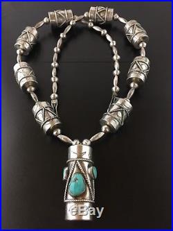 Native American Navajo Sterling Silver Turquoise Ceremonial Drum Beads Necklace