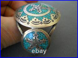 Native American Navajo Turquoise Chip Inlay Sterling Silver Mosaic Bracelet