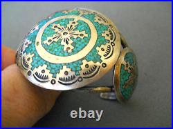 Native American Navajo Turquoise Chip Inlay Sterling Silver Mosaic Bracelet
