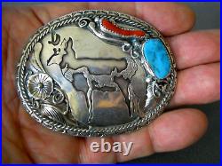 Native American Navajo Turquoise /Coral Sterling Silver Antelope Belt Buckle 42g