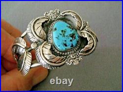 Native American Navajo Turquoise Framed by 4 Leaves Sterling Silver Bracelet