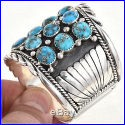 Native American Navajo Turquoise Row Bracelet Sterling Silver Mens Cuff s7.5