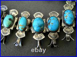 Native American Navajo Turquoise Sterling Silver Box Bow Squash Blossom Necklace