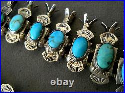 Native American Navajo Turquoise Sterling Silver Box Bow Squash Blossom Necklace