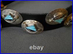 Native American Navajo Turquoise Sterling Silver Etched 18-Concho Hatband