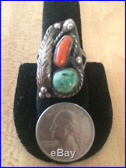 Native American Old Sterling Silver Ring Lot 5 Rings Turquoise & Coral 925