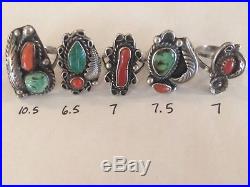 Native American Old Sterling Silver Ring Lot 5 Rings Turquoise & Coral 925