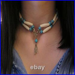 Native American SS Eagle turquoise Stone Buffalo Bone choker necklace old Glass