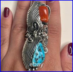 Native American Silver Ring Turquoise Coral Feather Long Sterling Size 10 Native American Silver Ring Turquoise Coral Feather Long Sterling Size 10