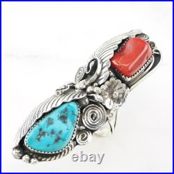 Native American Silver Ring Turquoise Coral Feather Long Sterling Size 10 Native American Silver Ring Turquoise Coral Feather Long Sterling Size 10
