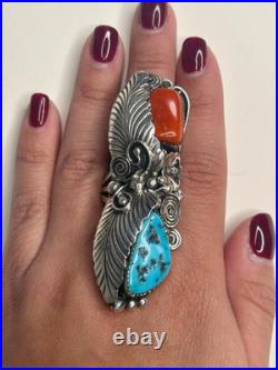 Native American Silver Ring Turquoise Coral Feather Long Sterling Size 10 Native American Silver Ring Turquoise Coral Feather Long Sterling Size 10