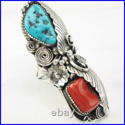 Native American Silver Ring Turquoise Coral Feather Long Sterling Size 10 Native American Silver Ring Turquoise Coral Feather Long Sterling Size 10