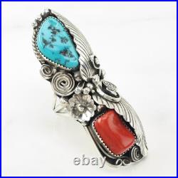 Native American Silver Ring Turquoise Coral Feather Long Sterling Size 10 Native American Silver Ring Turquoise Coral Feather Long Sterling Size 10