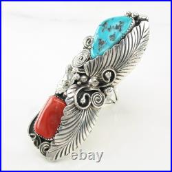 Native American Silver Ring Turquoise Coral Feather Long Sterling Size 10 Native American Silver Ring Turquoise Coral Feather Long Sterling Size 10