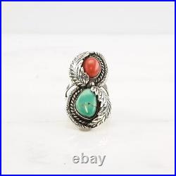 Native American Silver Ring Turquoise Coral Leaf Double Sterling Size 7 3/4
