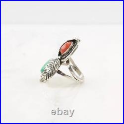 Native American Silver Ring Turquoise Coral Leaf Double Sterling Size 7 3/4