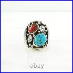 Native American Silver Ring Turquoise, Coral Leaf Sterling Blue, Red Size 11 3/4 Native American Silver Ring Turquoise, Coral Leaf Sterling Blue, Red Size 11 3/4