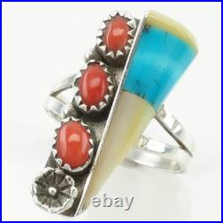 Native American Silver Ring Turquoise, Coral, MOP Inlay Sterling Size 7 Native American Silver Ring Turquoise, Coral, MOP Inlay Sterling Size 7