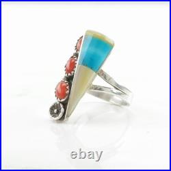 Native American Silver Ring Turquoise, Coral, MOP Inlay Sterling Size 7 Native American Silver Ring Turquoise, Coral, MOP Inlay Sterling Size 7