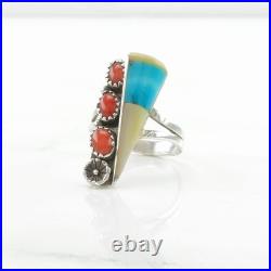 Native American Silver Ring Turquoise, Coral, MOP Inlay Sterling Size 7 Native American Silver Ring Turquoise, Coral, MOP Inlay Sterling Size 7