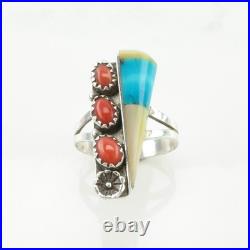 Native American Silver Ring Turquoise, Coral, MOP Inlay Sterling Size 7 Native American Silver Ring Turquoise, Coral, MOP Inlay Sterling Size 7