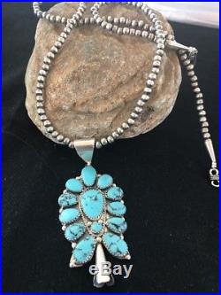 Native American Squash Blossom Sterling Silver Turquoise Necklace Naja Pendant