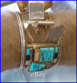 Native American Sterling SILVER RAY Turquoise Watch Cuff Zuni Navajo Estate