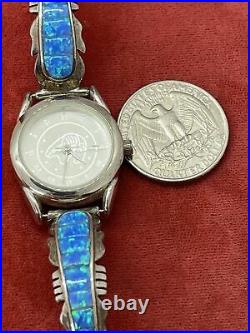 Native American Sterling Silver 925 Quartz Watch Tips Watch Opal Toggle Feather