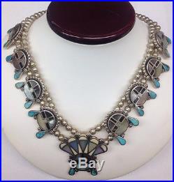 Native American Sterling Silver Abalone & Turquoise Squash Blossom Necklace 194g