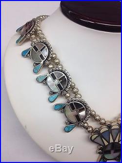 Native American Sterling Silver Abalone & Turquoise Squash Blossom Necklace 194g
