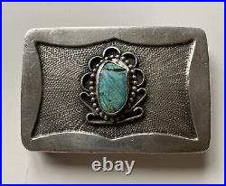 Native American Sterling Silver Belt Buckle Turquoise Navajo Etched Vintage