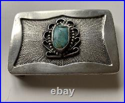 Native American Sterling Silver Belt Buckle Turquoise Navajo Etched Vintage