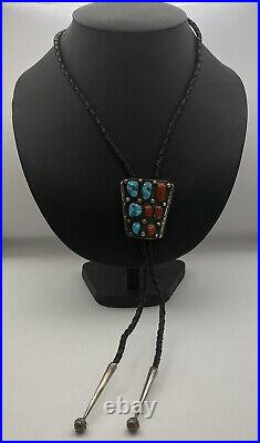 Native American Sterling Silver Bolo Tie with Turquoise and Coral