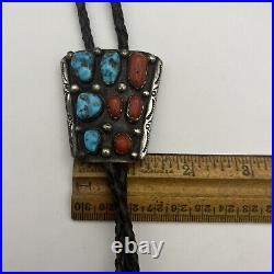 Native American Sterling Silver Bolo Tie with Turquoise and Coral
