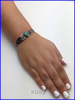 Native American Sterling Silver Cuff Bracelet Green Turquoise
