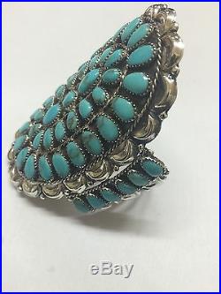 Native American Sterling Silver Handmade Turquoise Cluster Cuff Bracelet