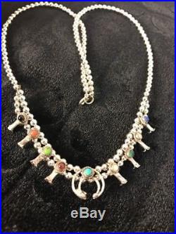 Native American Sterling Silver Mini Squash Blossom Turquoise Coral Necklace16.5